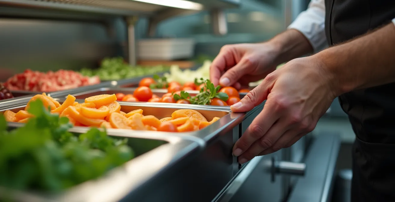 Chef cuisinier organisant des ingrédients dans des casiers réfrigérés individuels