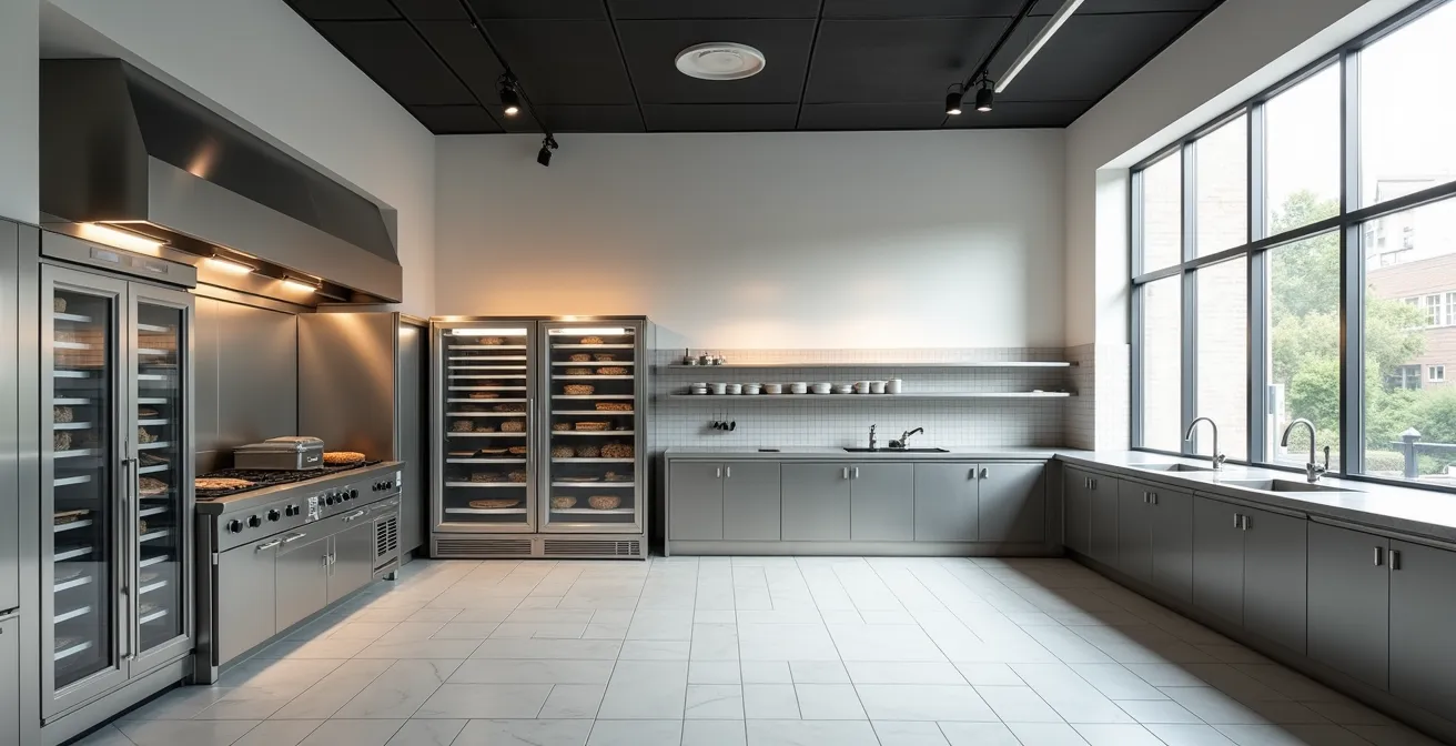 Vue d'ensemble d'une cuisine de pizzeria avec organisation spatiale optimisée